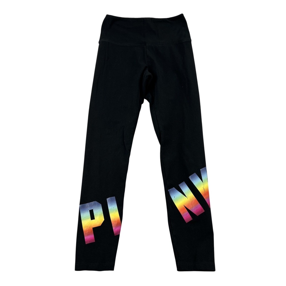 PINK Victoria's Secret Yoga Leggings Womens M Black Rainbow Logo Full Length Gym
